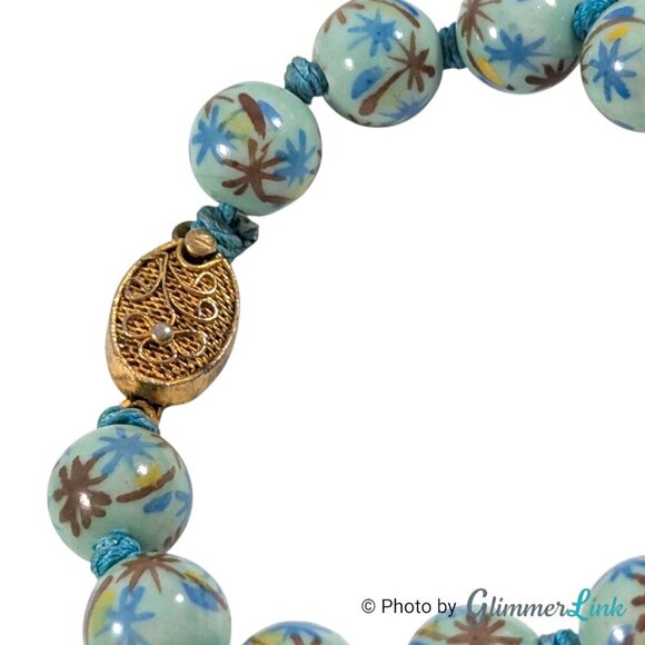 Vintage Chinese Export Hand Painted Knotted Blue Round Porcelain Bead Necklace - Picture 9 of 10
